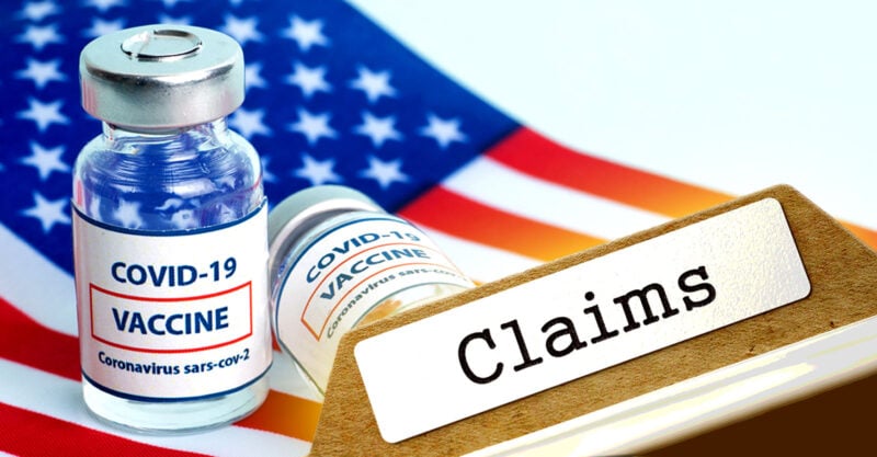 covid vaccine and U.S. flag with word "claims"