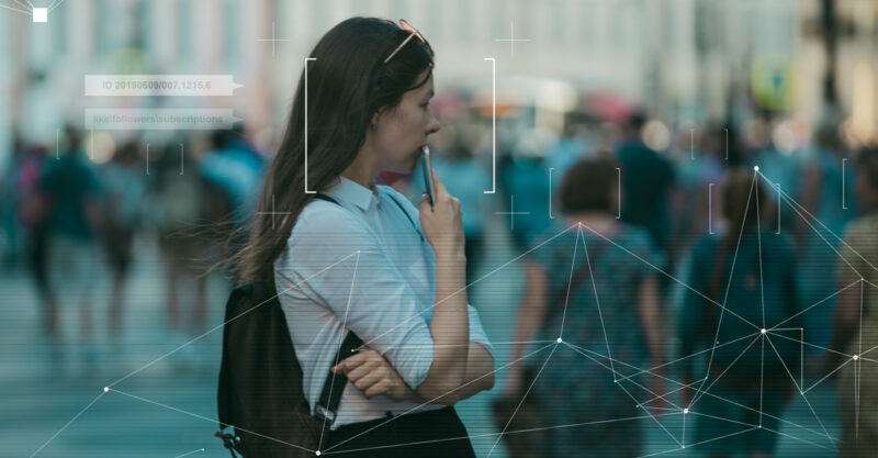 Facial recognition and search and surveillance of a person in the modern digital age, the concept.