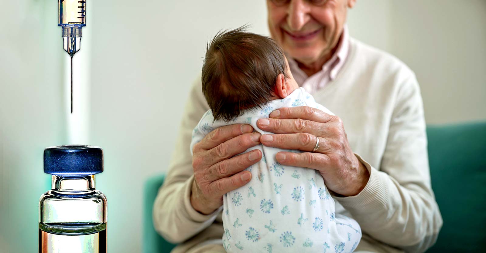 grandparent with newborn and vaccine bottle