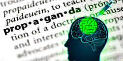 word "propaganda" and a brain with a vaccine syringe on it