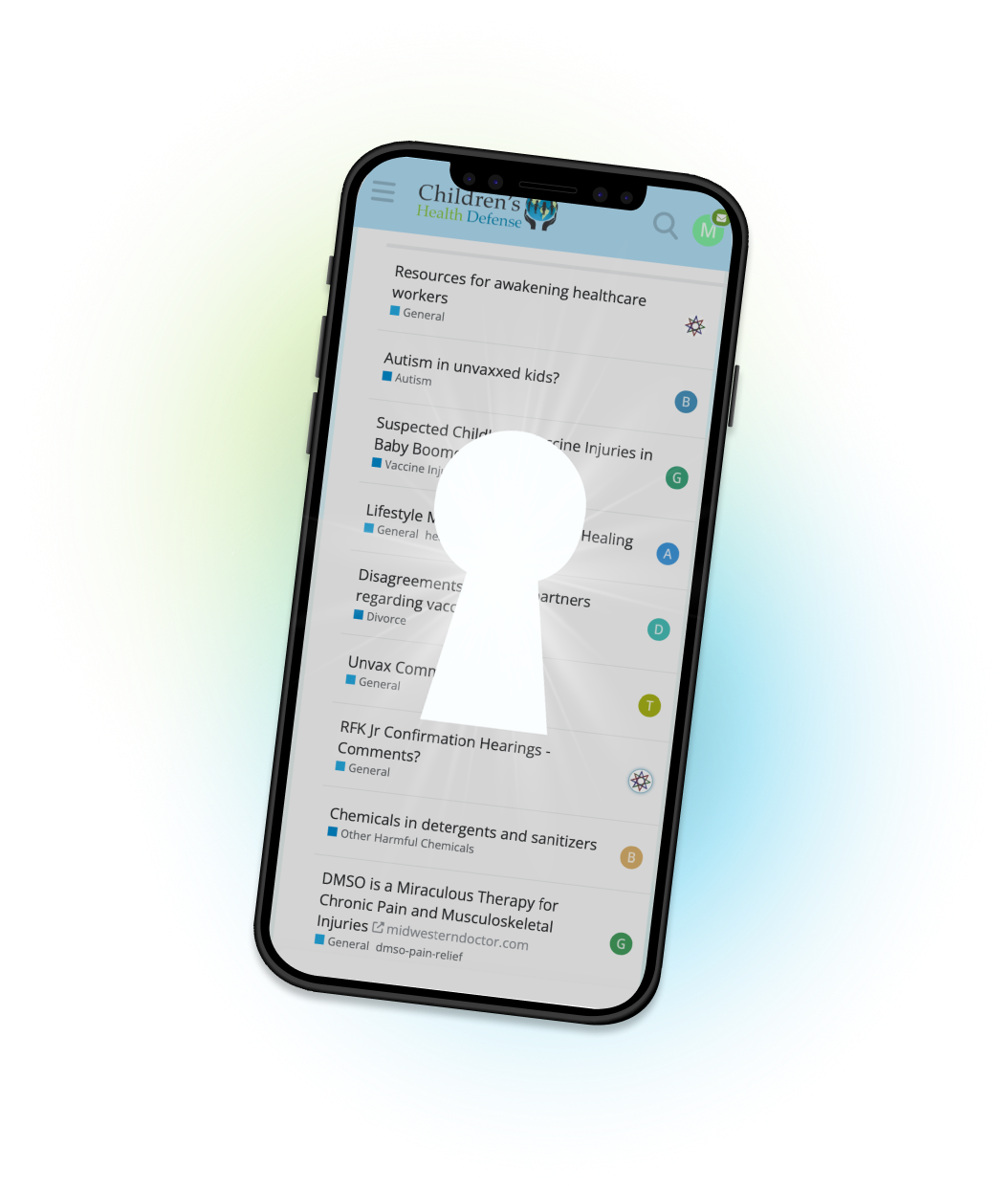 A cell phone displaying the Community Forum website with the CHD Insider key hole overlay
