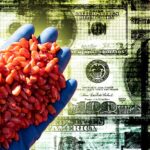 money and glove holding coated seeds