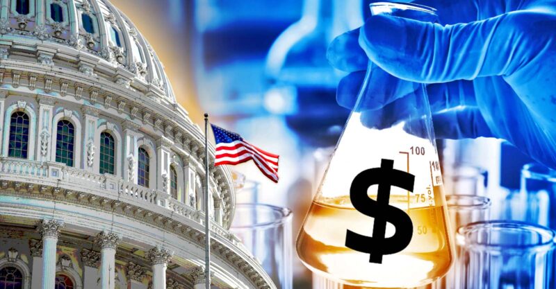 capitol building and lab flask with money symbol