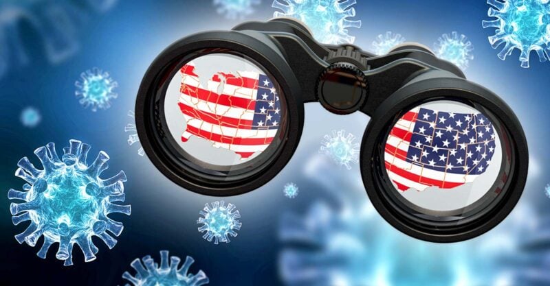 covid spike proteins and binoculars with american flag inside lens