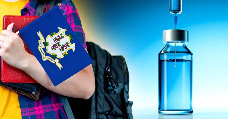 connecticut flag and vaccine bottle