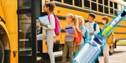 kids on bus and a vaccine bottle
