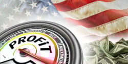 American flag background with cash at the bottom and a profit scale dial