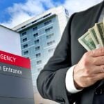 hospital entrance sign and business man with money