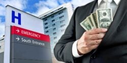 hospital entrance sign and business man with money