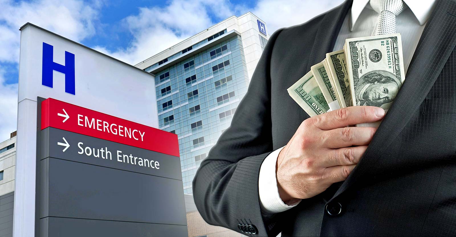 hospital entrance sign and business man with money