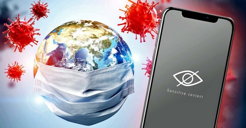 covid, mask on globe and cell phone with sensitive content warning