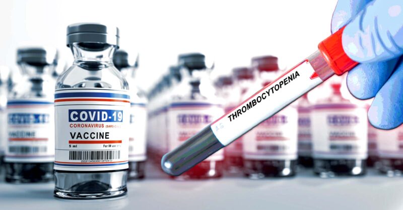covid vaccines and word "thrombocytopenia" on test tube