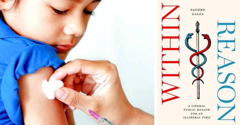 child getting vaccine and book cover to "Within Reason"
