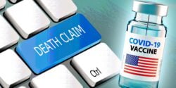 death claim on keyboard and covid vaccine bottle