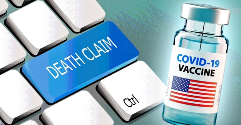 death claim on keyboard and covid vaccine bottle
