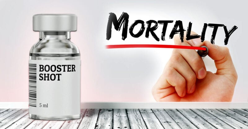 booster vaccine bottle on the left and mortality written in marker on the right