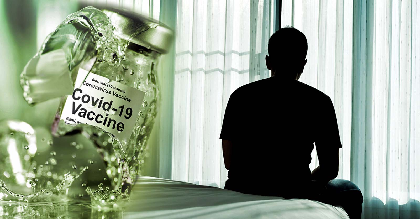 covid vaccine bottle and depressed man