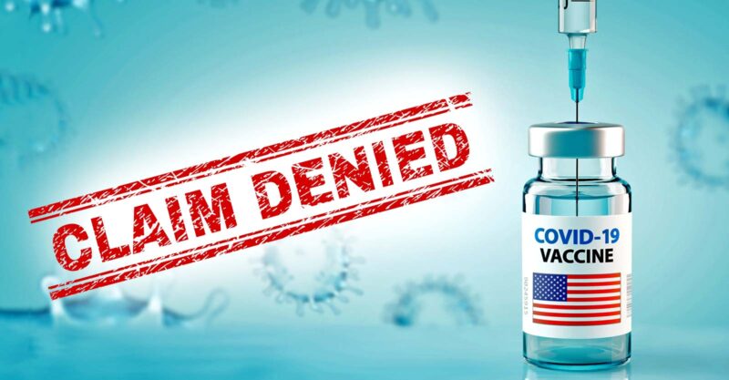 covid vaccine bottle and words "claim denied"