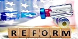 vaccine bottle and word "reform"