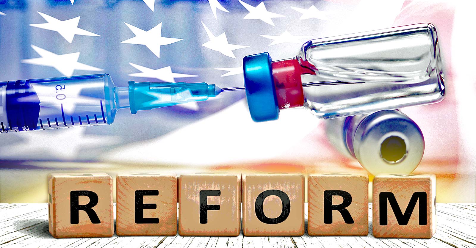vaccine bottle and word "reform"