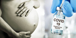 pregnant woman on the left and covid vaccine on the right