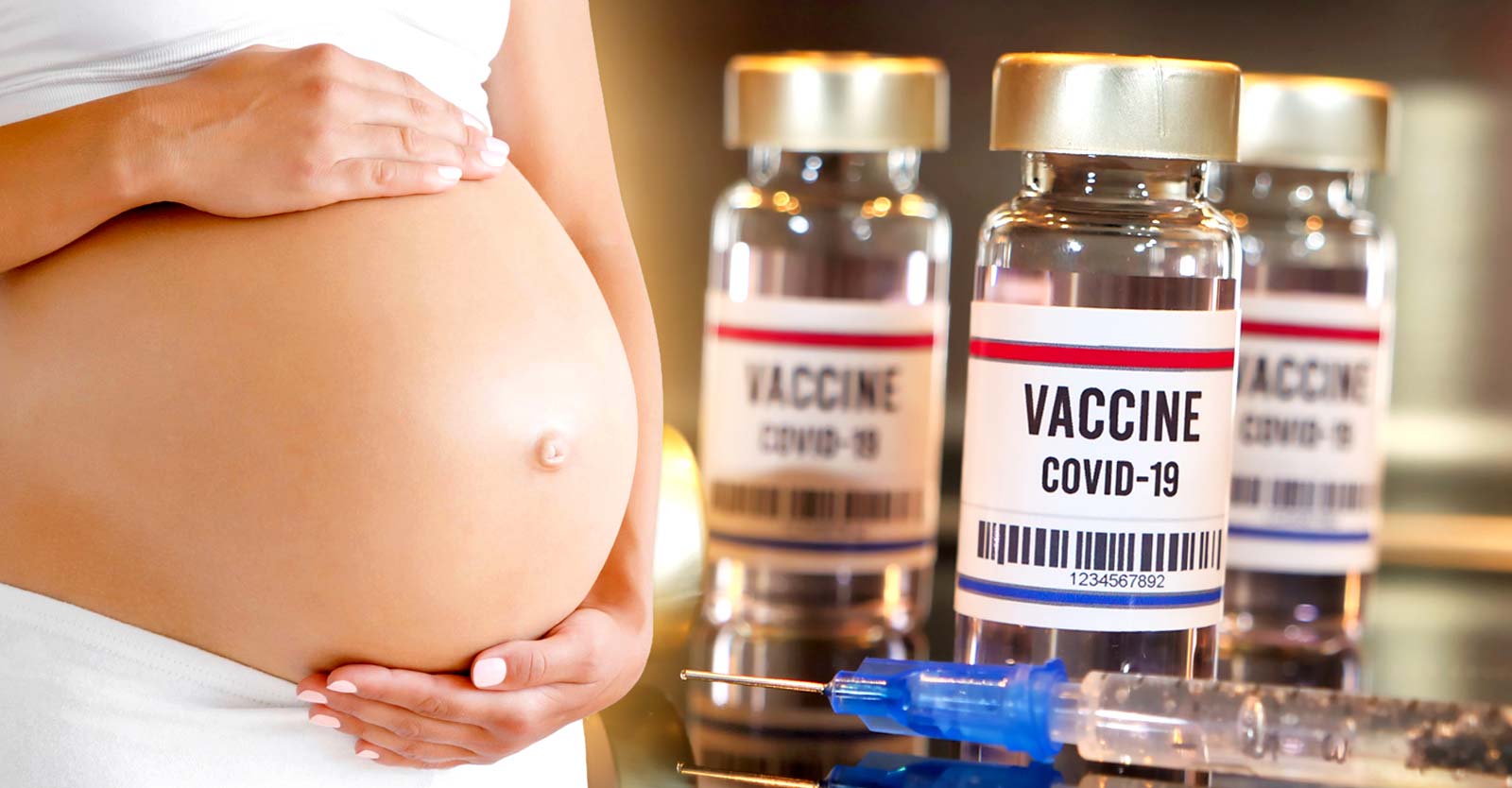 pregnant woman and covid vaccine bottles