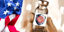 u.s. flag and vaccine bottle with shield on it and covid spike protein