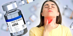 covid vaccine bottle and woman holding her neck