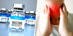 covid vaccines and woman holding thyroid