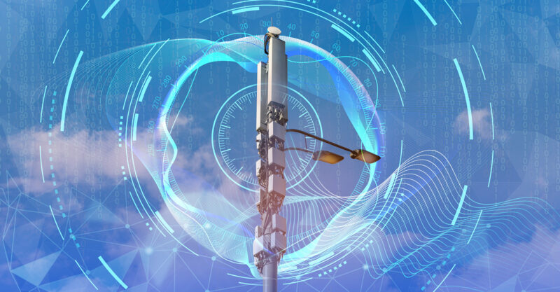 Cellular base station on a lamppost with graphic elements