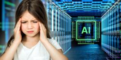 young girl holding head and an AI data center