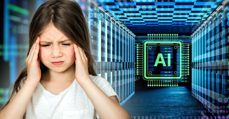 young girl holding head and an AI data center