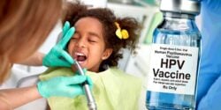 young girl at dentist and hpv vaccine bottle