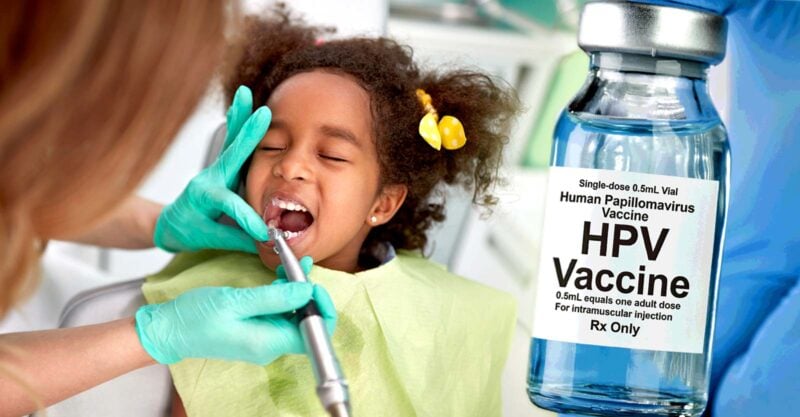 young girl at dentist and hpv vaccine bottle