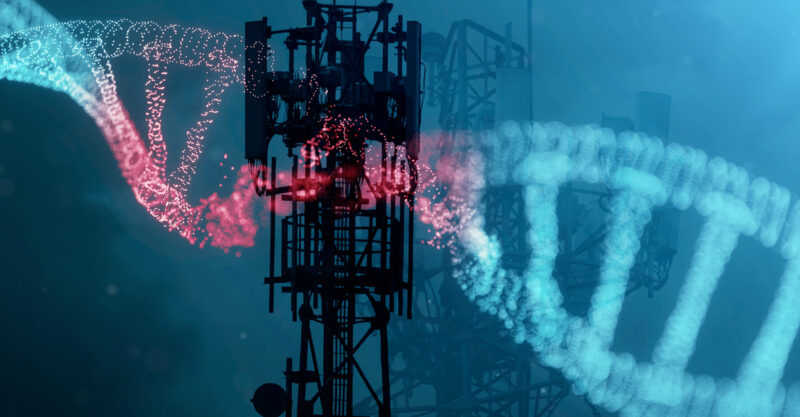 Concept destroyed code human genome. Damage DNA molecule with dark cell towers overlayed.
