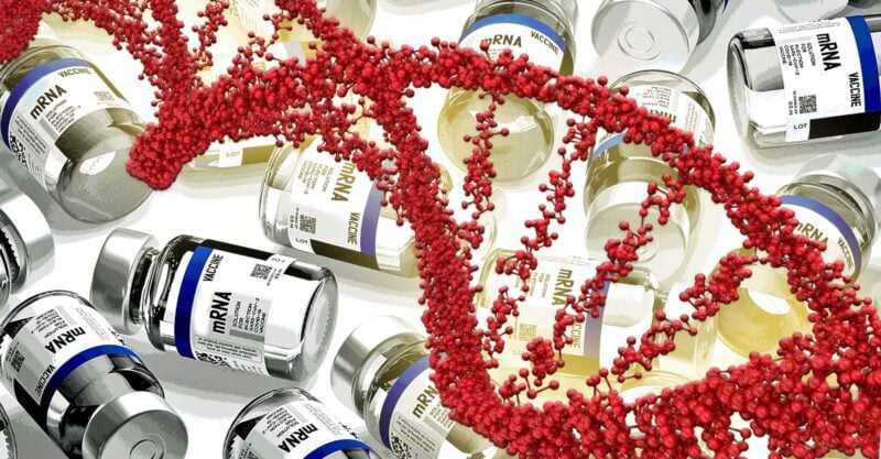 mrna vaccine bottles and dna strand