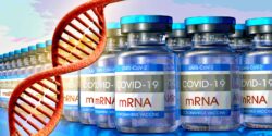 dna strand and covid vaccine bottle