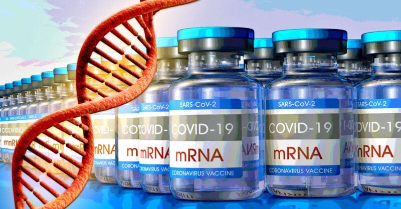 dna strand and covid vaccine bottle