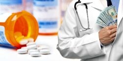 prescription drugs and doctor holding money