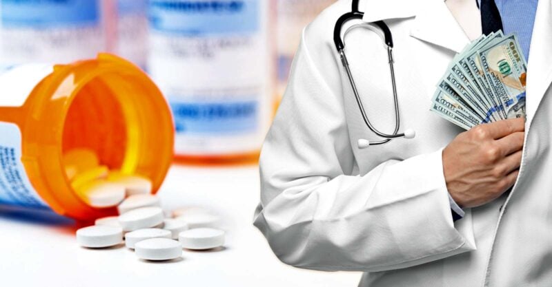 prescription drugs and doctor holding money