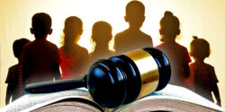 children silhouette with book and gavel