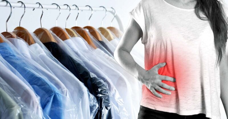 dry cleaned clothes and woman holding liver