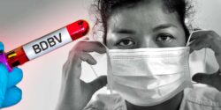 woman wearing mask and test tube with letters "BDBV"