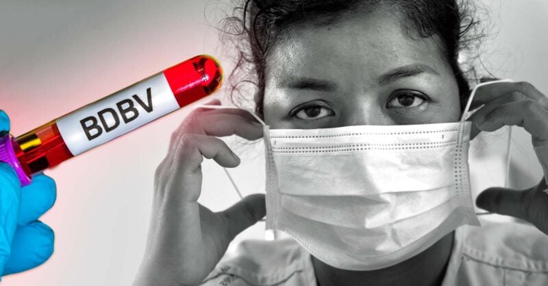 woman wearing mask and test tube with letters "BDBV"