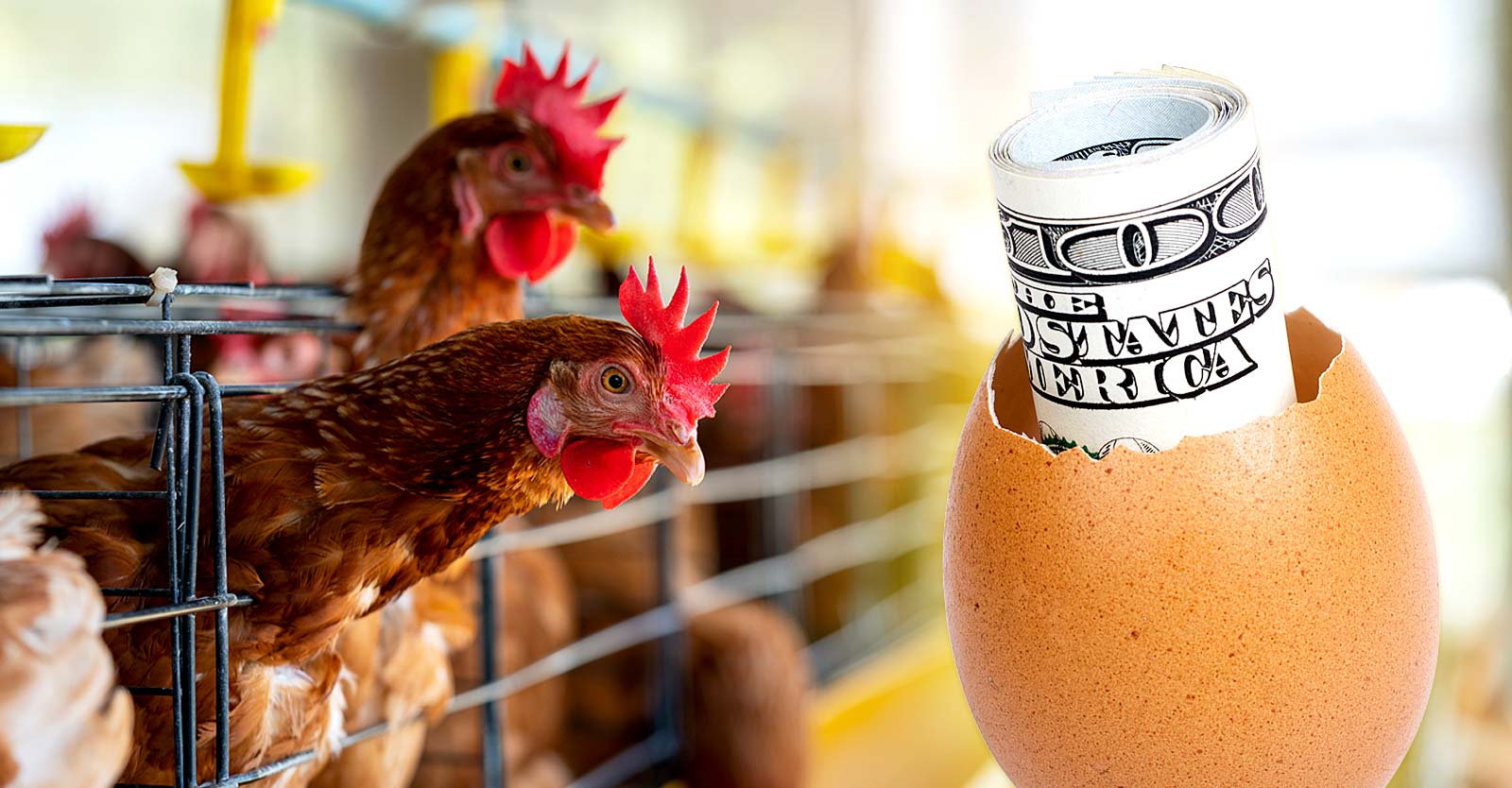 chickens and egg with money in shell