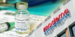 clinical trial vaccine bottle and moderna logo on building