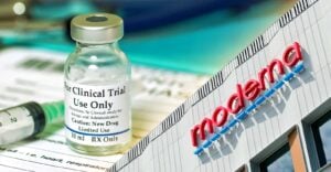clinical trial vaccine bottle and moderna logo on building