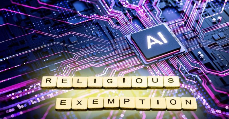letters "AI" and words "religious exemption"