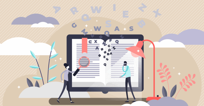 Illustration of 2 people searching for answers in a book