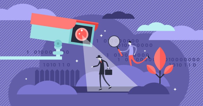 Privacy concept graphic with man carrying suitcase.